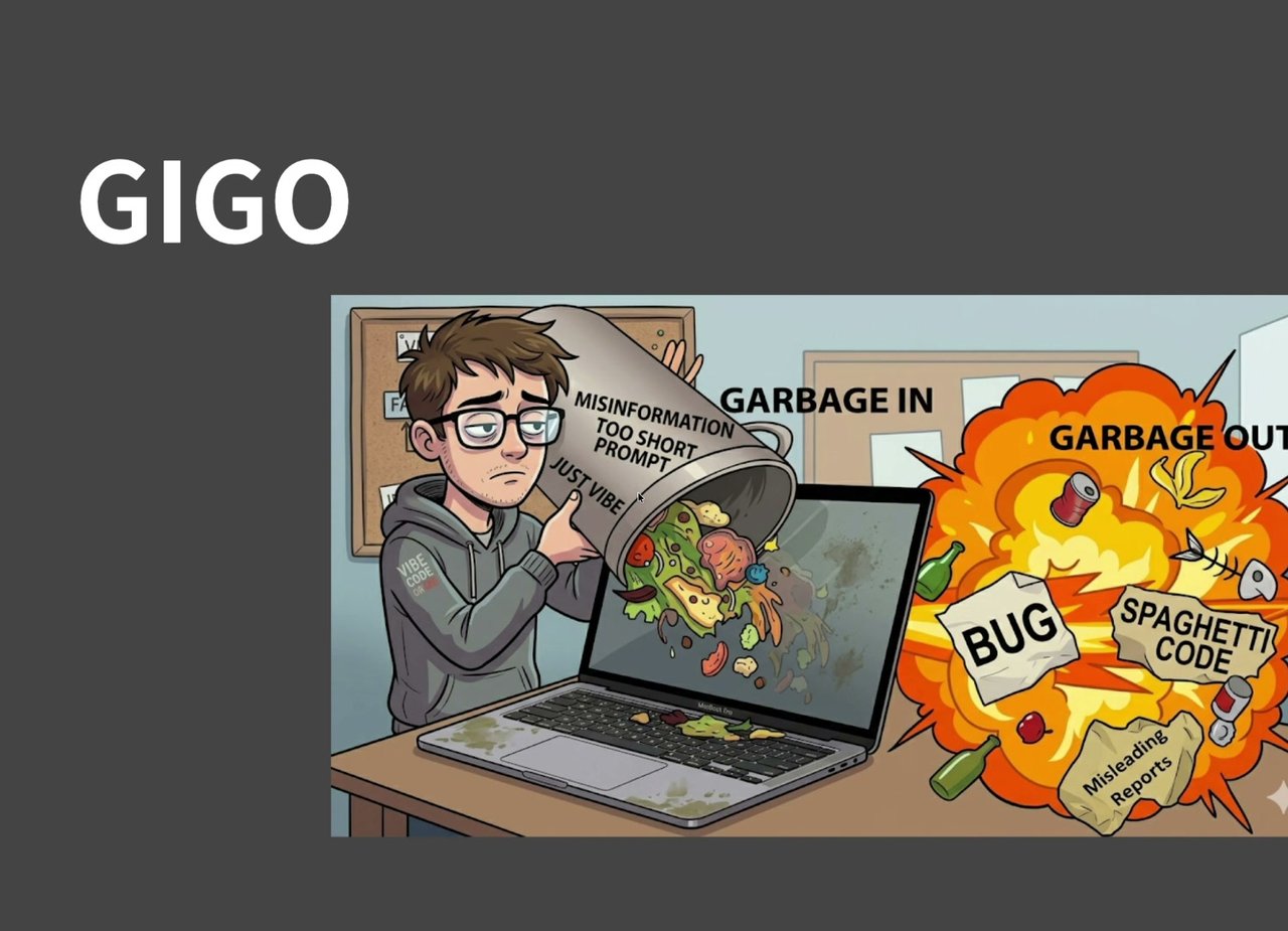 GIGO 슬라이드 — 쓰레기통을 노트북에 쏟자 BUG, SPAGHETTI CODE가 터져 나오는 그림