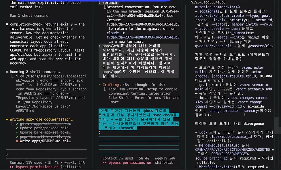 터미널 세 개 — 가운데 창에 /branch 결과 "Branched conversation. You are now in the new branch", 그 아래 apps/web 문서화 논의 프롬프트, 오른쪽 창에는 제안 명령 문자열 드리프트와 데이터 모델 divergence 목록