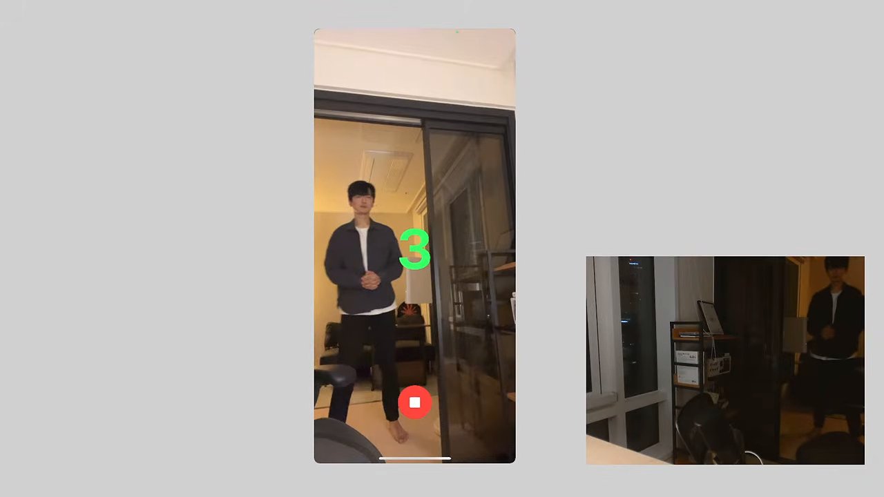 스쿼트를 하는 모습 위로 초록색 숫자 3이 뜬 앱 화면