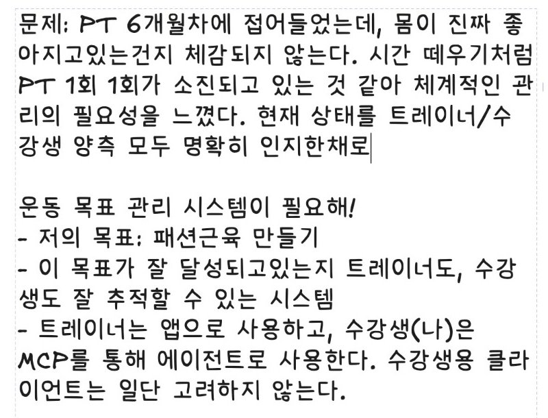 화이트보드에 손으로 쓴 문제 정의 — "PT 6개월차에 접어들었는데, 몸이 진짜 좋아지고 있는건지 체감되지 않는다. 시간 때우기처럼 PT 1회 1회가 소진되고 있는 것 같아…" 아래로 운동 목표 관리 시스템이 필요한 이유와 트레이너는 앱, 수강생은 MCP라는 사용 방식