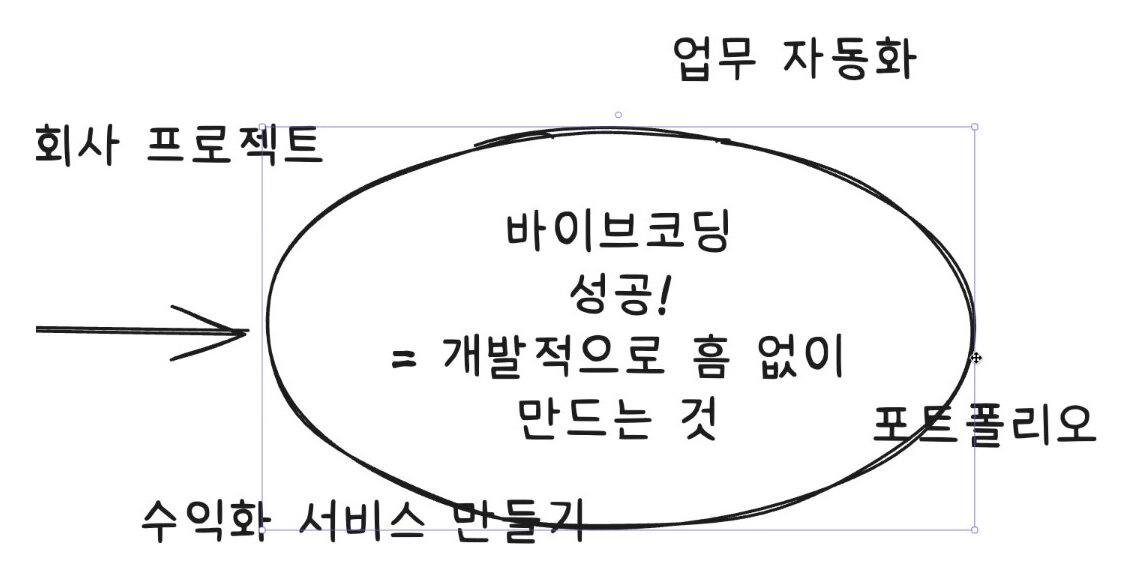 화이트보드 — 왼쪽에 회사 프로젝트·수익화 서비스 만들기, 오른쪽에 업무 자동화·포트폴리오가 둘러싼 원 안에 "바이브코딩 성공! = 개발적으로 흠 없이 만드는 것"